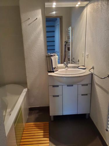 une salle de bain avec un lavabo, un miroir et une baignoire dans l'établissement Les demeures du Ventoux, à Aubignan