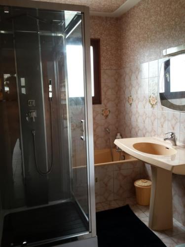une salle de bain avec douche et lavabo dans l'établissement Les bananiers 2, à Capbreton