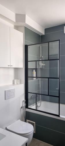 une salle de bain avec toilettes et douche en verre dans l'établissement SWEETY HOME - proche PARIS - Parking PRIVE, à Montreuil