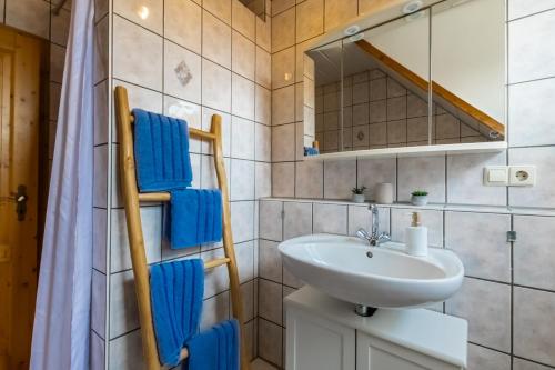 a bathroom with a sink and a mirror at Ferienwohnung in ländlicher Lage in Meckenbeuren