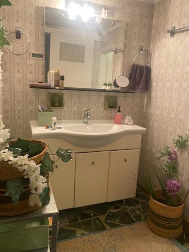 a bathroom with a sink and a mirror and flowers at COTTAGE villa in Káto Panayía