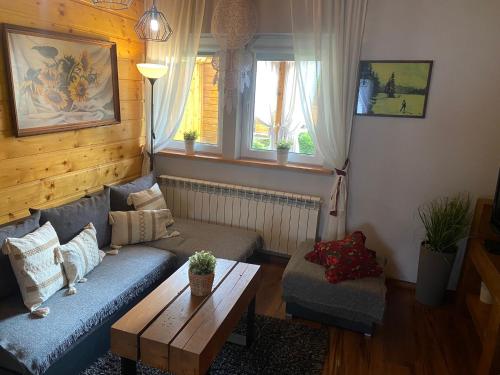 a living room with a couch and a table at Babie Domki in Zawoja