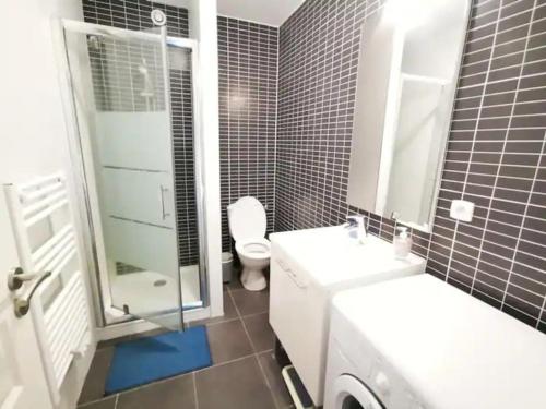 une salle de bain avec toilettes, lavabo et miroir dans l'établissement Duplex La maison bleue, à Collioure