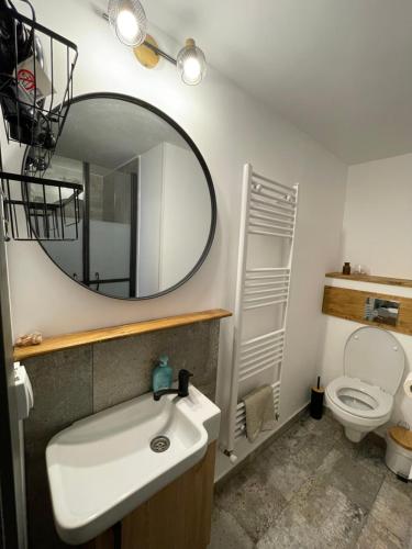 a bathroom with a sink and a mirror and a toilet at Next Door Studio in Cluj-Napoca