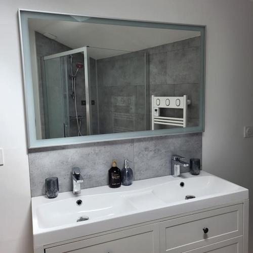 La salle de bains est pourvue d'un lavabo avec miroir et d'un four micro-ondes. dans l'établissement O Nid Naturel, à Mauléon