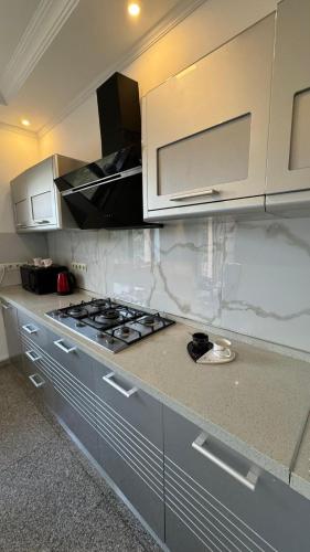 a kitchen with a stove and white cabinets at Ami Residence Bucharest Airport&Therme&Parking in Otopeni