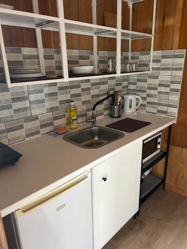 a kitchen with a sink and a counter top at Domki 13-nastka in Międzyzdroje