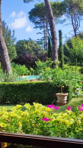 a garden with flowers in the grass and trees at Villa La Ginestra - Charming Country Home in Capolona