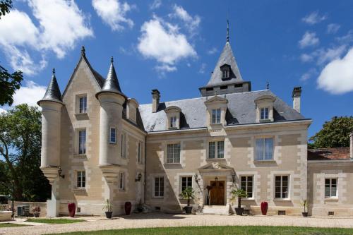 un vieux château avec une tour en haut dans l'établissement Chateau de Bellevue B&B et Appartements avec Piscine saisonal chauffée et Chambres partout climatisées, à Saint-Avit