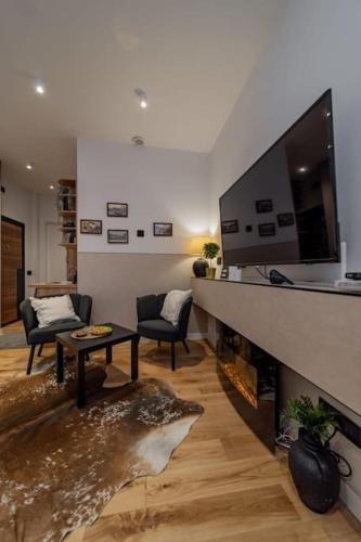 a living room with a fireplace and a tv at Rodman Belgrade Apartment in Novi Beograd