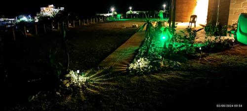 a bike with a green light in a yard at night at Holy Sea Smart Suites in Elafonisi