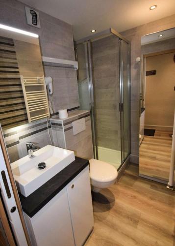 une salle de bain avec toilettes, lavabo et douche dans l'établissement Résidence Le France - Studio Cabine 3/4 pers- LE FRANCE - PLAGNE CENTRE -pied des pistes MAE-9304, à Aime La Plagne