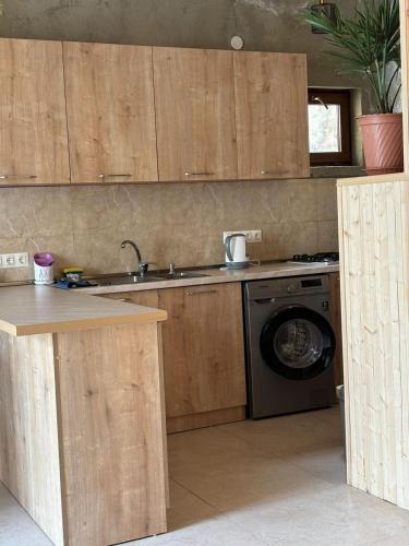 a kitchen with a sink and a washing machine at Family Hostel Nika in Kazbegi