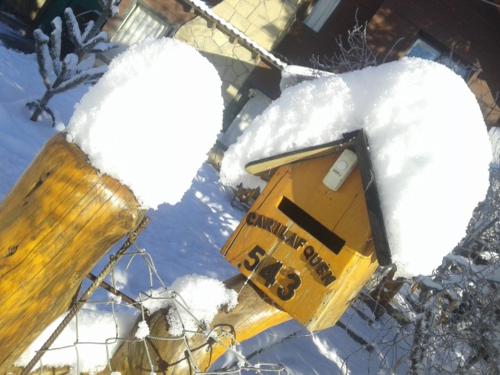 a snow covered sign and a speed limit sign at Cabañas Orillas del Chimehuín in Junín de los Andes