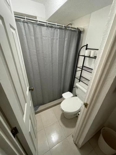 a bathroom with a toilet and a shower at Departamento céntrico Huatulco in Santa Cruz Huatulco