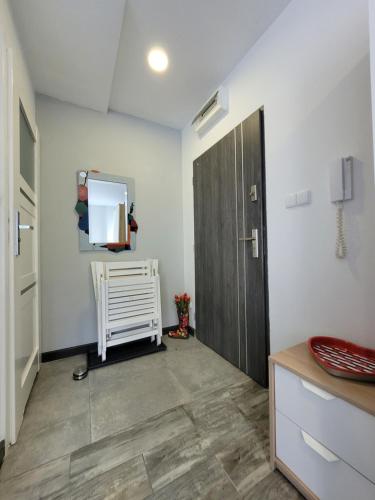 a room with a closet and a door and a television at Apartamenty Parkowe nr 5 in Kwidzyn