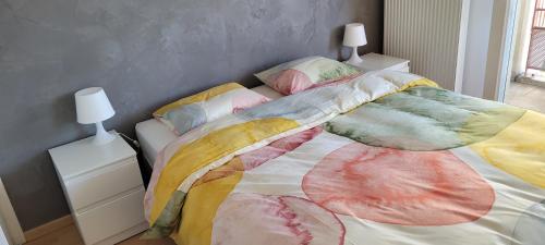 - un lit avec une couverture et des oreillers colorés dans l'établissement Cosy 51m2 proche gare pour Genève et tram 3 min, à Annemasse