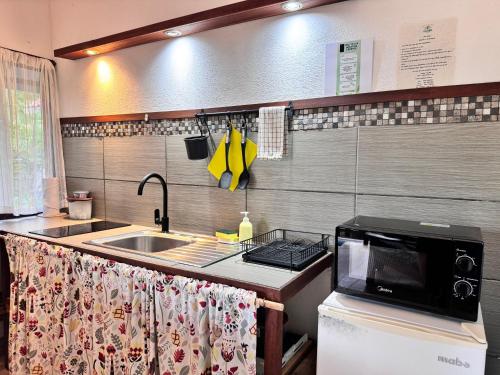 a kitchen with a sink and a microwave at Chilamate Holiday House in Puerto Viejo