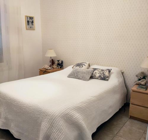 une chambre avec un lit blanc avec deux oreillers dans l'établissement Grand rez de jardin terrasse calme centre-Ground floor quiet garden terrace near center of Nice, à Nice