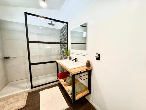 a bathroom with a sink and a mirror at Chilamate Holiday House in Puerto Viejo