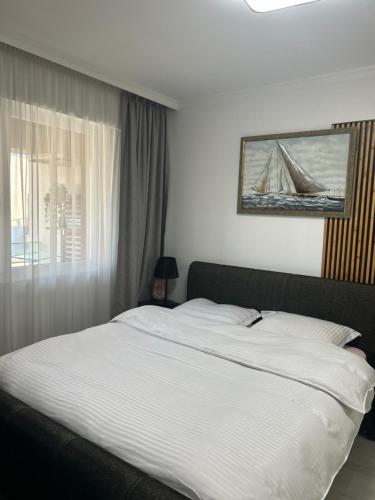 ein Schlafzimmer mit einem großen Bett mit einem Segel an der Wand in der Unterkunft Cozi place in Voluntari