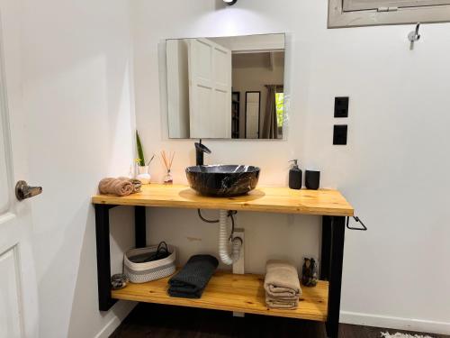 a bathroom with a sink and a mirror at Chilamate Holiday House in Puerto Viejo