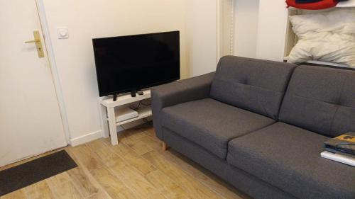 un salon avec un canapé et une télévision à écran plat dans l'établissement bel appartement proche stade de France, à Paris