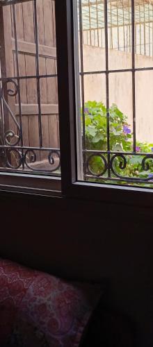 an open window with a view of a flower garden at Arraha in Ghazoua