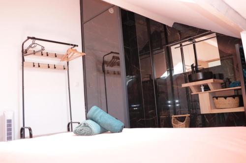 La salle de bains est pourvue d'un grand miroir et d'une serviette bleue. dans l'établissement Appart Dijon, 4 couchages, Centre ville historique, à Dijon