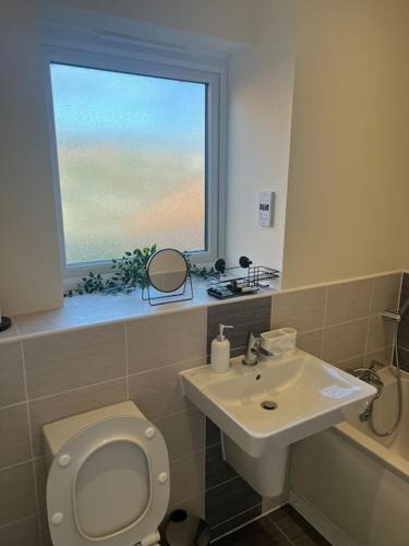 a bathroom with a toilet and a sink and a window at Great Ambience 3-Bedroom for Groups & Contractors in Rubery