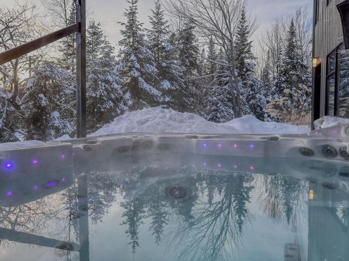 a hot tub with lights in the snow at Le Willow Exitchalets Lake, Billard & Spa in Val-David