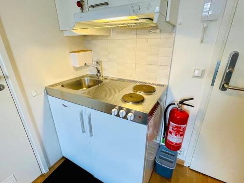 una pequeña cocina con fregadero y un extintor de incendios en Studio apartamento em Tromsø Noruega, en Tromsø