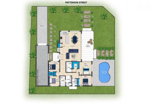 a floor plan of a villa with a swimming pool at Iluka Palms in Grasstree Beach