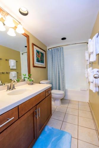 a bathroom with a sink and a toilet and a mirror at Hale Mahina B401 · HM B401 OceanFront 2BD Tropical Getaway in Kahana