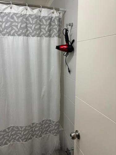 a shower curtain in a bathroom with a red lightsaber at Departamento en condominio in Pucón