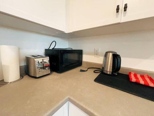a kitchen with a microwave and a television on a counter at Sunflower Brandnew Cozy Private Suite in Langley