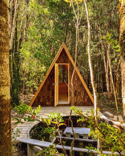 a small wooden cabin in the middle of a forest at Parque Repuleufu Chiloé in Ancud