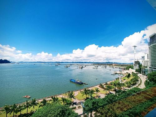 a view of a river with palm trees and a beach at Bạch Đằng Hạ Long Hotel in Ha Long