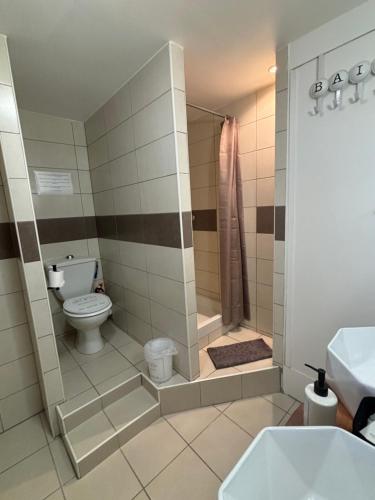 un bagno con doccia, WC e lavandino di A casa nostra a Biguglia