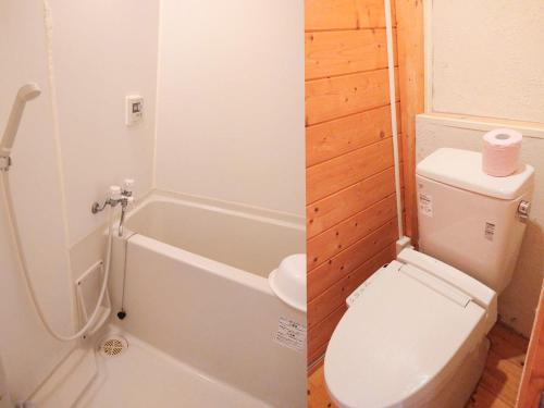 a bathroom with a toilet and a tub and a sink at 星逢える宿ー森のコテージ気仙沼 in Kesennuma
