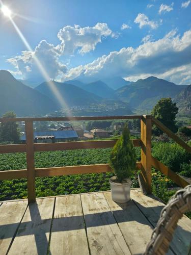a potted plant sitting on a porch with a view of mountains at Cottage Nishi in Stepantsminda