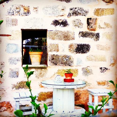 a table in front of a brick wall with two potted plants at Masseria delle Rose 1760 in Alessano