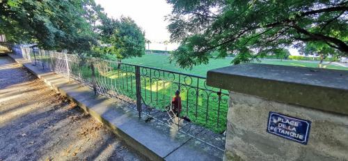 a person standing behind a fence next to a field at Apartment mit Parkblick Lindau Bodensee Insel in Lindau