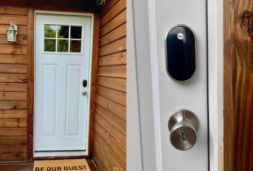 a door of a house with a sign that reads be our guest at Kids under 4 free, Jacuzzi, Sauna, Pool, Lake, Gym in Albrightsville