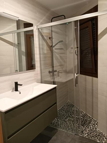 a bathroom with a sink and a glass shower at Apartamentos Rural La Perla in Becilla de Valderaduey