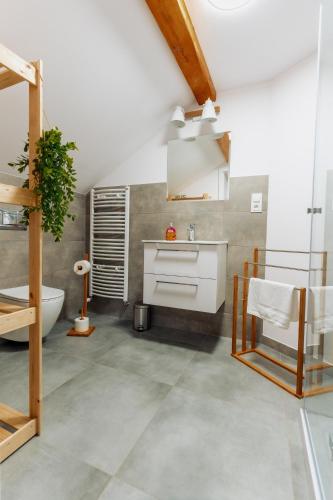 a bathroom with a sink and a bath tub at Zakątek u Hani in Polanica-Zdrój
