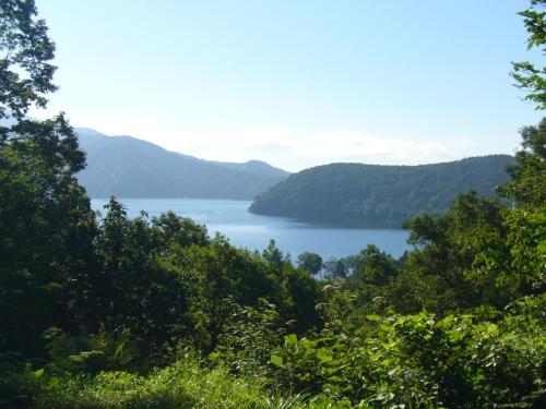 a view of a lake with mountains in the background at バートンホテル Barton Hotel in Shinano