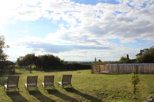 a group of chairs sitting in a field at Les Blés Dorés et Les Graines de Lin, 2 gîtes à la Ferme avec moutons et piscine, à côté de Beaune in Corgengoux