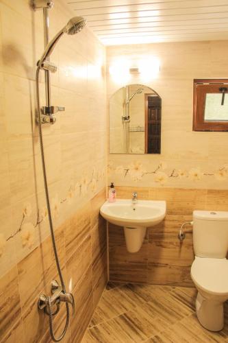 a bathroom with a sink and a toilet and a shower at Вила Деа in Kotel