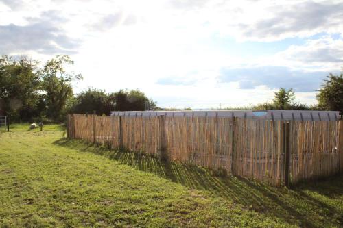 a fence in a field with a horse behind it at Les Blés Dorés et Les Graines de Lin, 2 gîtes à la Ferme avec moutons et piscine, à côté de Beaune in Corgengoux